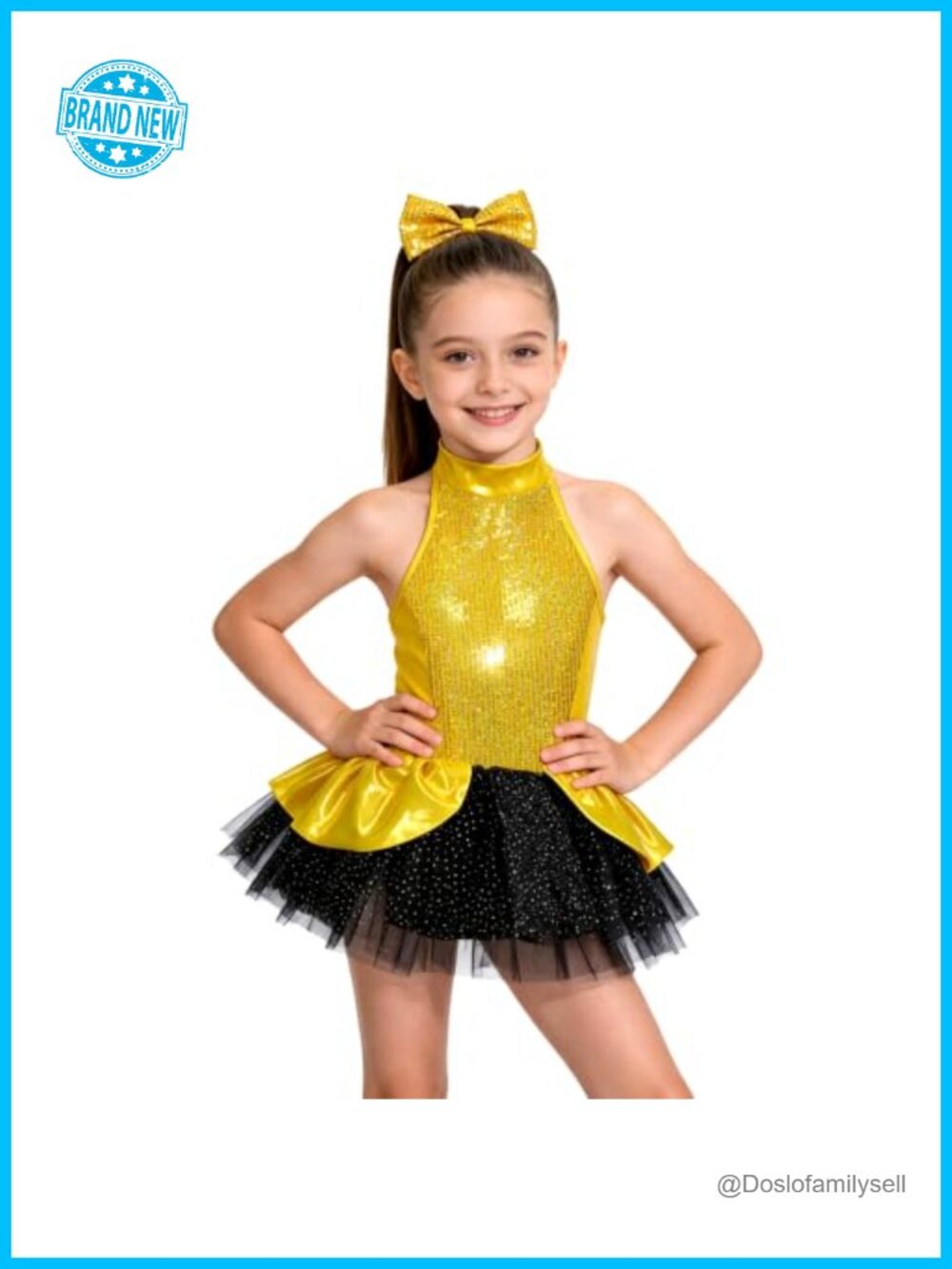 Girls Sequin Dance Tutu Dress Halter Neck Performance Outfit with Hair Clip